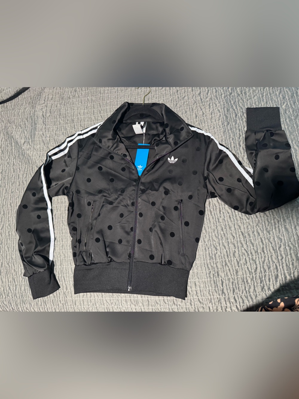 adidas Black Polka Dot Bomber Jacket with White Stripes - Picture 4 of 7